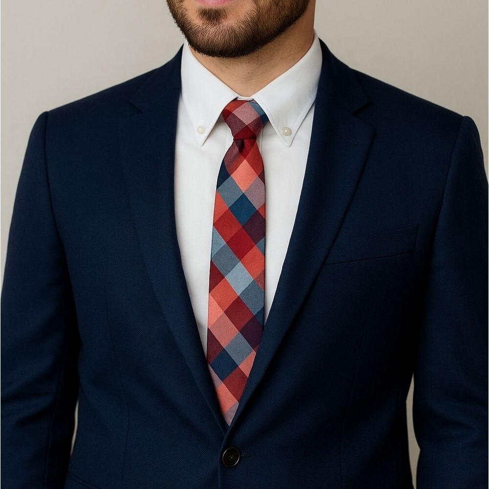 Multicolor Argyle Plaid Tie Red Navy Blue Coral Classic Preppy Classic Americana
